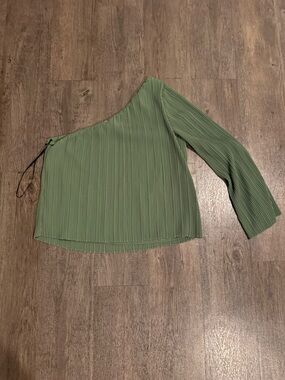 Misa Los Angeles One-Shoulder Olive Green Pleated Blouse